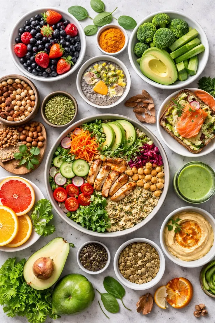 Split arrangement of grains and vegetables on a workspace